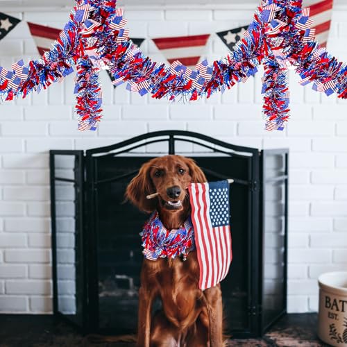 Patriotic Red White & Blue Tinsel Garland with American Flags - 4 Pack