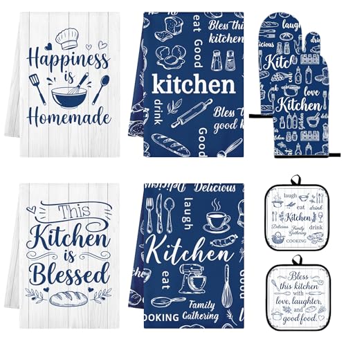 8-Piece Navy Blue Kitchen Decor Set: Dish Towels, Oven Mitts, Pot Holders