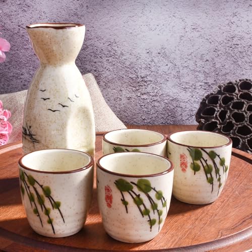 Japanese Ceramic Sake Set of 5 - 150ml Sake Bottle & 45ml Cups for Traditional Serving