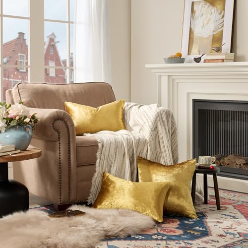GIGIZAZA Gold Velvet Pillow Covers 12x20 in Pair - 2 Pack, 20 x 12 In Lumbar Cushion Covers