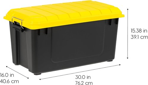 IRIS USA WeatherPro 21 Gallon Lockable Storage Bins - Heavy Duty, Stackable Utility Boxes, 4 Pack - Black/Yellow