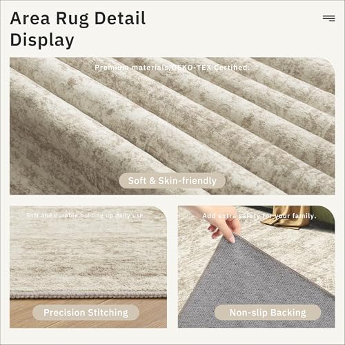 Washable 8x10 Area Rug - Soft Vintage Non-Slip Carpet for Living Room