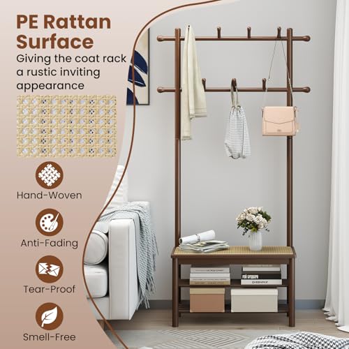 3-in-1 Bamboo Hall Tree with Shoe Storage Bench and Coat Rack