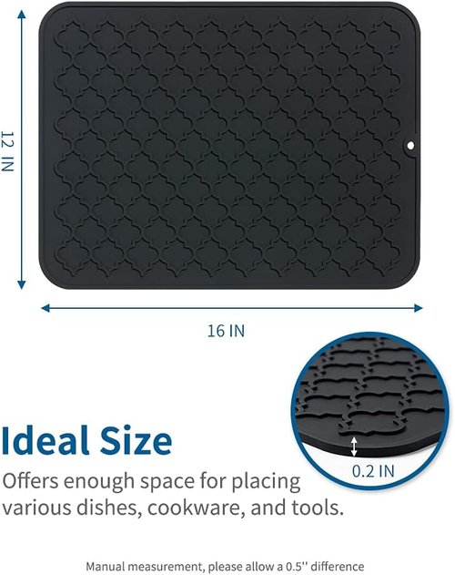 AMOAMI Dish Drying Mat - Heat Resistant Silicone Kitchen Pad | 12" x 16" - Black Color