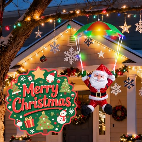 JOYSUT 34-Inch Hanging Santa Claus Parachute Christmas Decoration LED Light