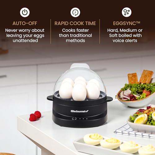 Elite Gourmet EGC587 EGGSYNC¢â Voice Alerts Easy Egg Cooker, 7-Egg Capacity, Soft, Medium, Hard-Boiled Settings, Measuring Cup with Piercing Pin, Auto Shut-Off, BPA-Free