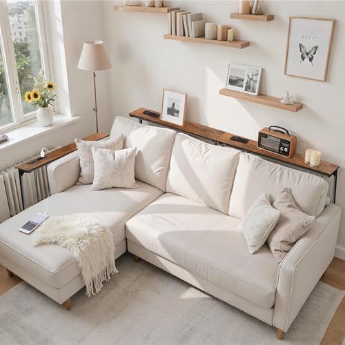 90-Inch Adjustable Height Sofa Table with Charging Station, Rustic Brown
