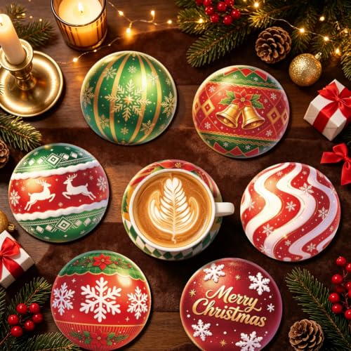 ANATTASOUL Christmas Baubles Coasters Set of 9, 3.9" Round Wooden Coasters, Snowflake/Reindeer/Santa Patterns, Bulk Gift