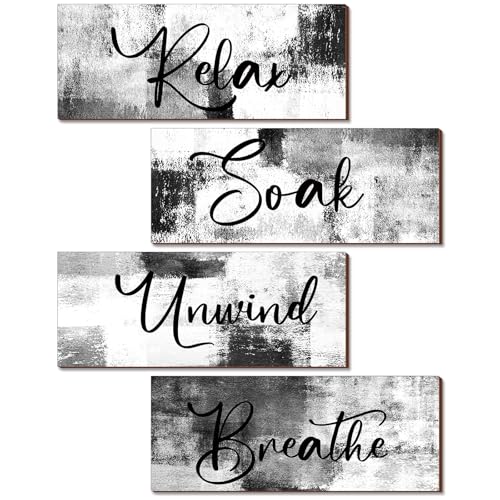 4-Piece Modern Bathroom Wall Art Set, 10x4 Inch Black and White Wooden Signs
