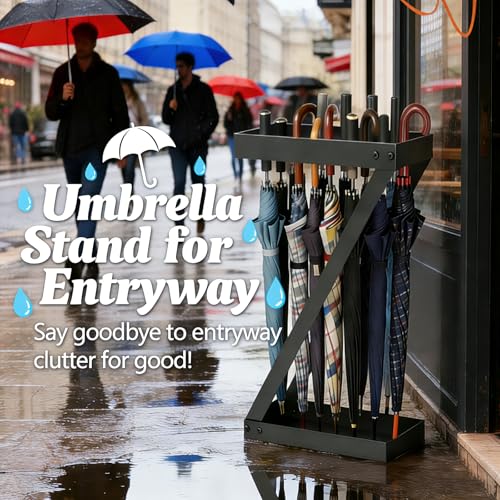 Modern Metal Umbrella Stand for Entryway with Hooks, Black Rustproof Rack