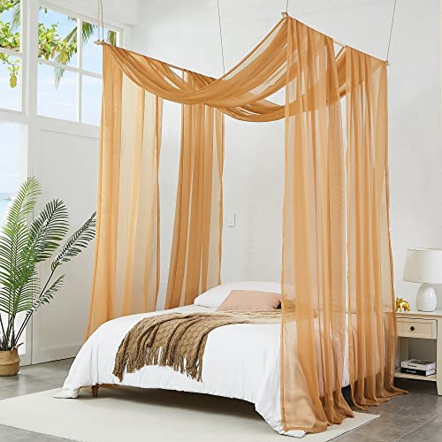 Caramel Gold Sheer Bed Canopy Curtains - 55 x 144 Inch Bed Scarves, Set of 2