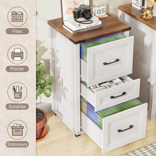 3-Drawer Mobile File Cabinet with Wheels, Rustic Farmhouse Printer Stand