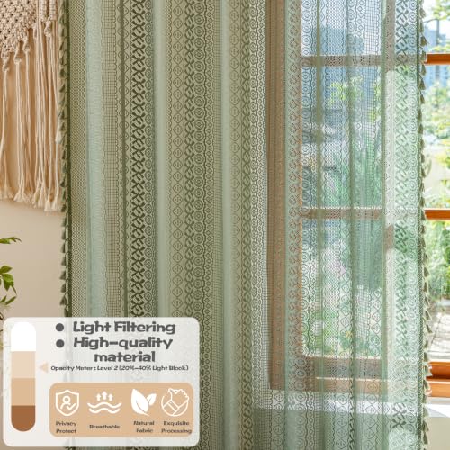 Sutuo Home Sage Green Boho Lace Sheer Curtains 2 Panels, 50x108 in
