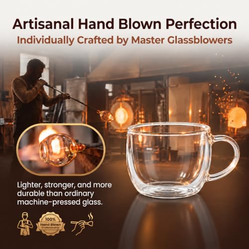 10 oz Double Walled Glass Coffee Mugs Set of 2 - Insulated Hand Blown Clear Cups for Espresso, Latte, Tea, and More
