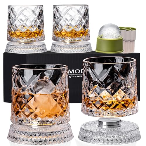 Spinning Whiskey Glass Set of 4 with Rotating Bases and Ice Ball Molds