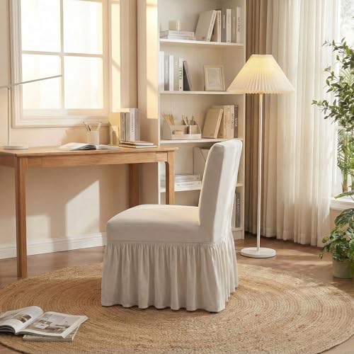 Beige Armless Chair Cover with Skirt - Stretch Slipcover for Living Room