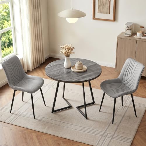 VECELO 3-Piece Round Dining Table Set for 2 with Faux Leather Chairs, Modern Grey