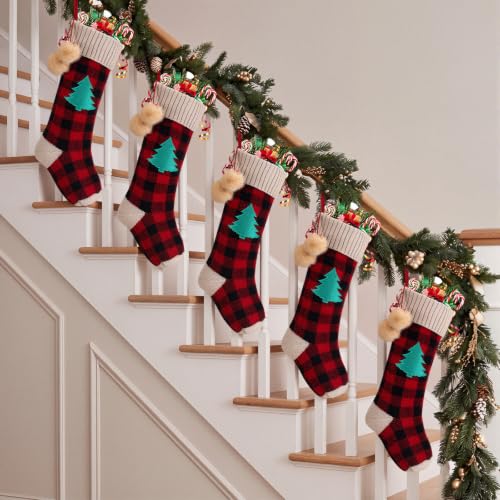 6-Pack Red Black Knit Christmas Stockings with Pom-Poms & Green Tree Patch - 17 Inch Holiday Decor