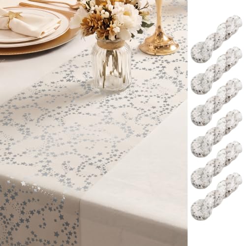 6 Pcs Silver Star Table Runner Set - 11x118in Organza Glitter Chiffon, Shihanee Classic