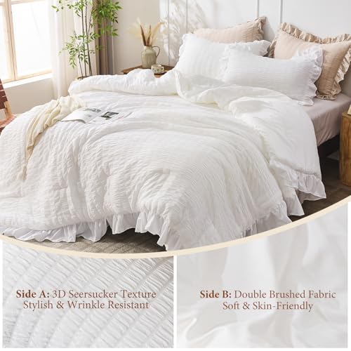 White Ruffle Seersucker Queen Comforter Set - 3-Piece Soft Bedding Set