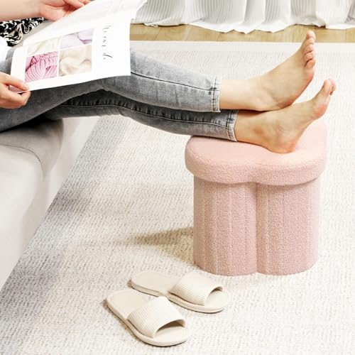 Flower Shaped Storage Ottoman Cube - Faux Teddy Fur Footstool (Pink, 12.6")