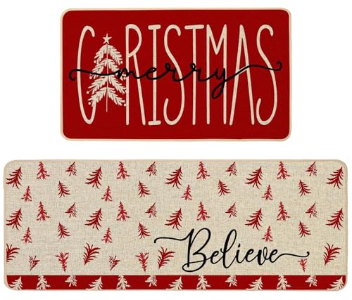 Baccessor Christmas Kitchen Rugs Set of 2, 17x29 & 17x47 Burlap Xmas Tree Mats