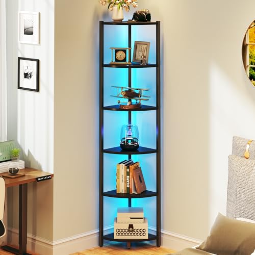 6-Tier Corner Bookshelf with LED Lights, Industrial Steel Display Stand