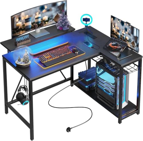 42-Inch L-Shaped Corner Desk with RGB LED, Charging Ports & Shelves