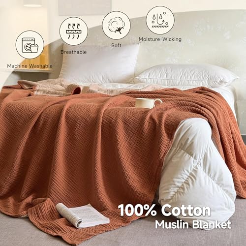 100% Cotton Muslin Blanket King Size - Soft & Breathable 4-Layer Design (Rust Orange, 104" x 92")