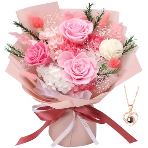 Preserved Pink Rose Bouquet with I Love You Necklace Gift Set