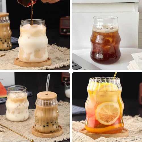 2 Pcs Ribbed Glass Cups, 18 Oz Vintage Wavy Drinkware for Iced Coffee