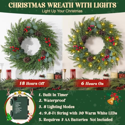 1 Pc 24-Inch Artificial Christmas Wreath with Lights for Front Door - Holiday Decor