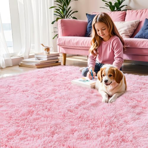 Pink Fluffy 4x6 Area Rug - Soft Washable Shaggy Carpet for Bedroom & Nursery