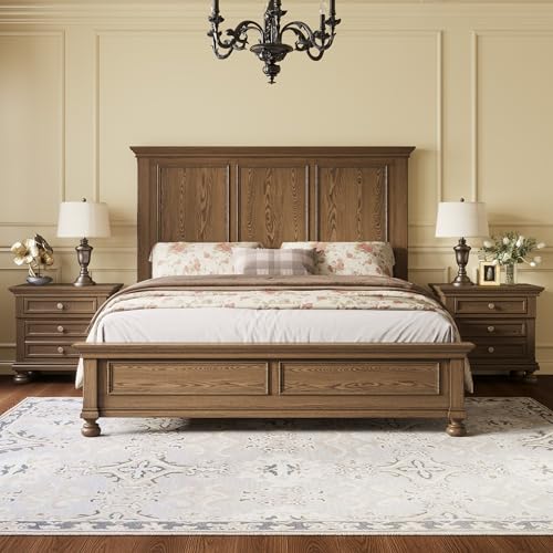 3-Piece Solid Wood Queen Bedroom Set with Bed Frame and 2 Nightstands
