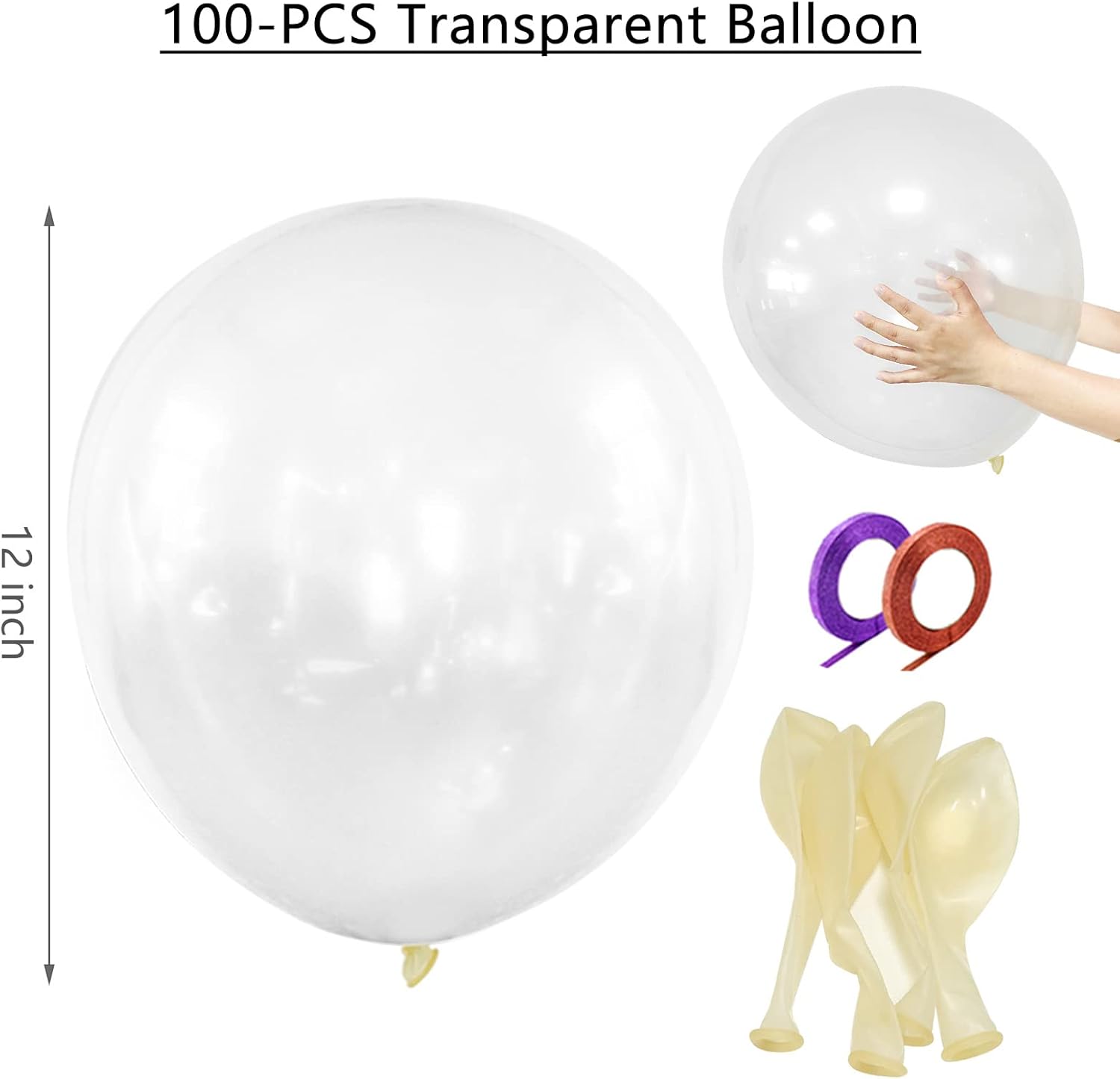 Skiennix Clear Latex Balloons - 100 Pack 12 Inch Transparent Helium Balloons for Parties | Includes 2 Ribbon Rolls