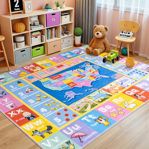 Educational Kids Playroom Rug, 3x4 ft Non-Slip ABC Alphabet & World Map Mat