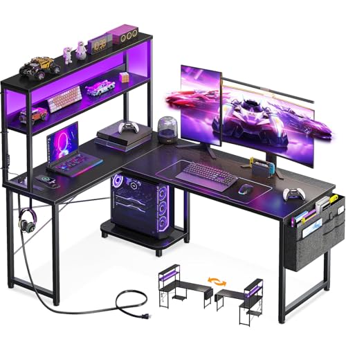 53-Inch Reversible L-Shaped Gaming Desk with LED Lights & Outlets