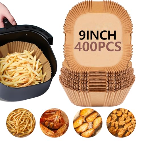 UBeesize 9 Inch Air Fryer Paper Liners, 400 PCS Parchment Paper, Air Fryer Disposable Paper Liners for Microwave, Non-Stick Sheets Square Free of Bleach£¨Bottom size 8 Inch£©