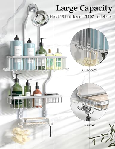 Yasonic Hanging Shower Caddy 3-Tier Rustproof Aluminum Over Shower Head Organizer