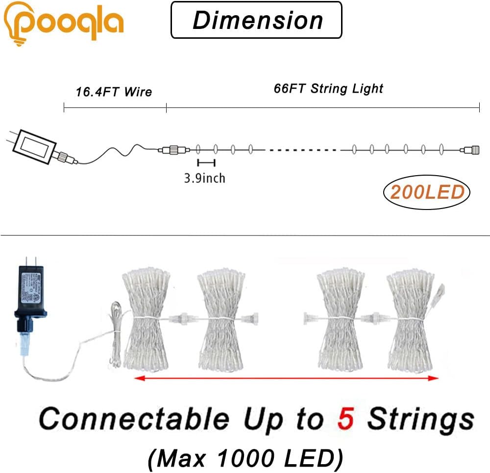 Skiennix Warm White String Lights - 66 ft 200 LED Outdoor Christmas Fairy Lights | 8 Modes, Clear Wire