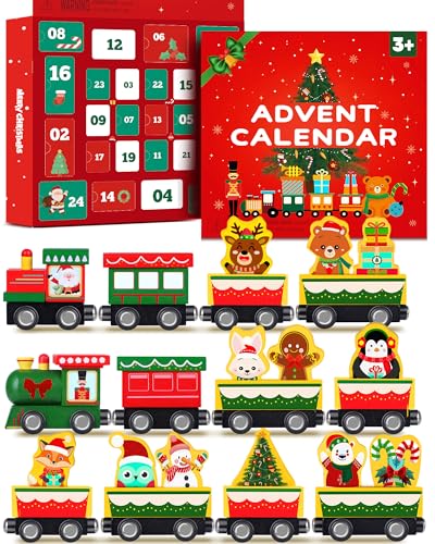 Holidays Toddler Advent Calendar 2026 Wooden Train Set with 24 Magnetic Surprises