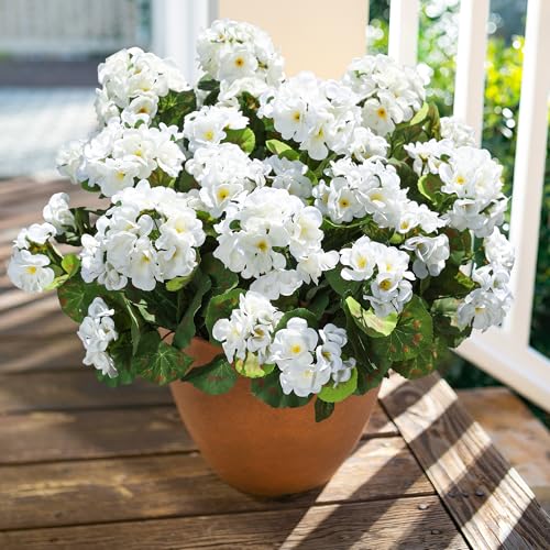 Artificial White Silk Geranium Flowers - UV Resistant Faux Plants (6 Bundles)
