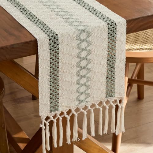 Green Boho Macrame Table Runner 12x36 Inch with Tassels - Farmhouse Decor