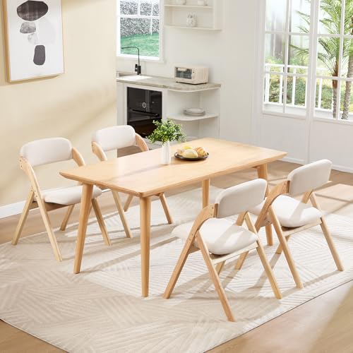Set of 4 Wooden Folding Dining Chairs with Padded Linen Cushions, Beige
