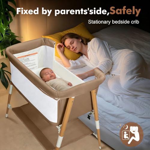 3-in-1 Portable Bedside Bassinet for Newborn with Storage & Wheels - Khaki