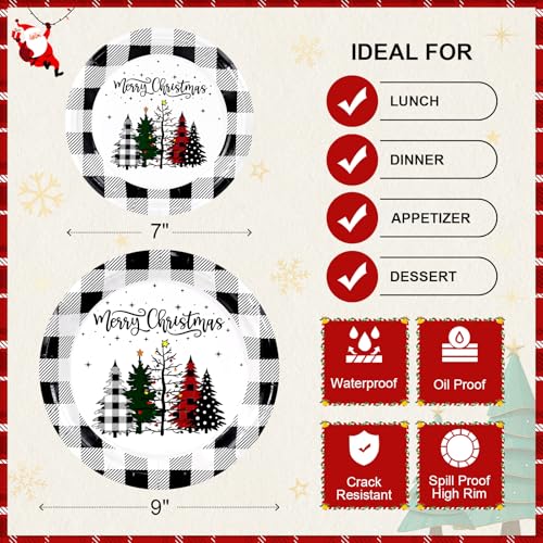 LANLISA Christmas Tree Plates Set 50 Count - 25 9" & 25 7" Black Buffalo Plaid