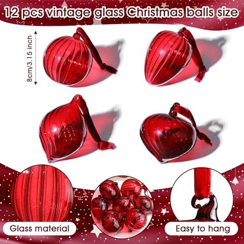 Large Glass Christmas Ornaments Set - Burgundy Holiday Decorations, 12 Pcs
