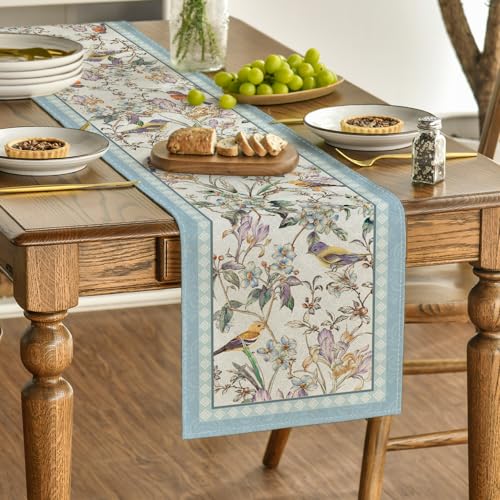 Artoid Mode Blue Birds Flowers Blossom Table Runner 13x72 inch Spring Kitchen Decor