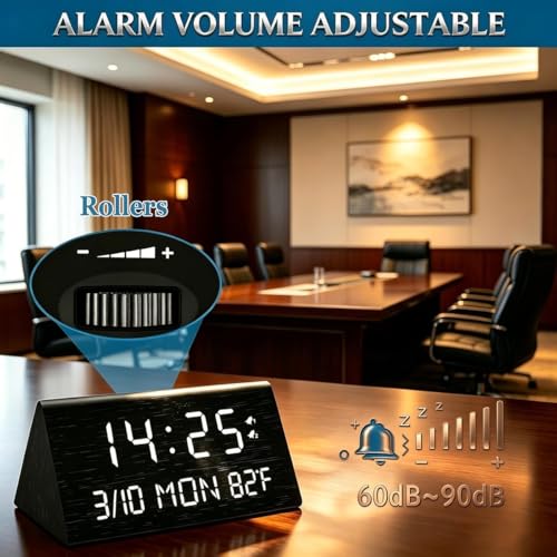 Wooden Digital Alarm Clock with Dual USB Charging Ports and Dimmable LED
