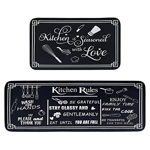 Black and White Kitchen Rug Set, 2-Piece Cushioned Non-Slip Runner Mats